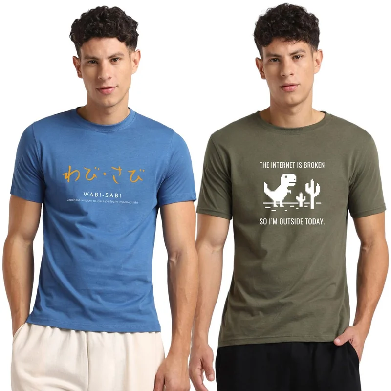 نوبيرو Men's Cotton Graphic T-Shirt Combo - Blue and Olive